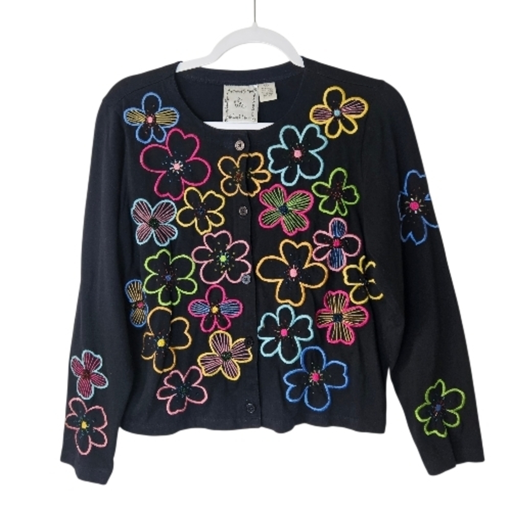 VTG Michael Simon Lite Beaded Floral Cotton Cardigan Grandmacore Novelty Small